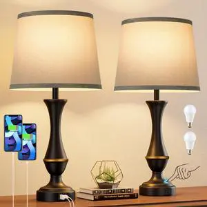 Upgraded Touch Lamps for Bedrooms Set of 2 - Nightstand Table Lamp with USB C+A, 3 Way Dimmable Lamps for Living Room(Grey)