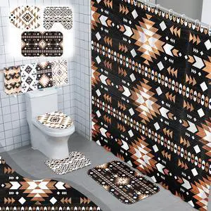 FuWeave 8 Pcs Western Aztec Shower Curtain Set Geometric Vintage Bathroom Decor Boho Abstract Pattern Waterproof Shower Curtain Aztec Towels Non Slip Rug Toilet Lid Cover Bath Mat with 12 Hooks