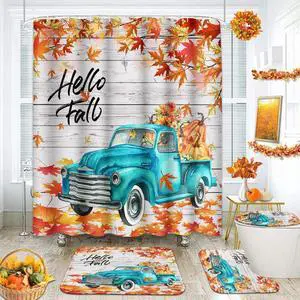 Bayson Hello Fall Truck Pumpkin 4PC Shower Curtain Set with Rugs Autumn Car Thanksgiving Bathroom Curtains Shower with Non-Slip Rug Toilet Lid Cover Bath Mat and 12 Hooks 72x72 inches