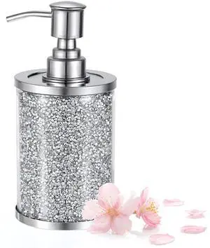 JUXYES Sparky Glass Crushed Diamonds Soap Dispenser Bottle with Stainless Steel Pump, Luxurious Refillable Lotion Dispenser with Bling Rhinestone Decorative Soap and Lotion Hand Dispenser
