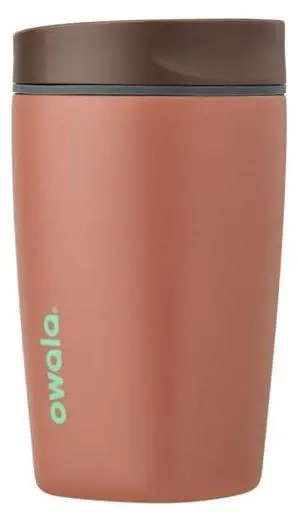 Owala SmoothSip Slider Insulated Stainless Steel Coffee Tumbler, Reusable Iced Coffee Cup, Hot Coffee Travel Mug, BPA Free 12 oz, Grey/Brown (Cozy Cocoa)