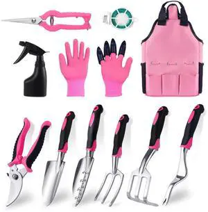 Covacure Gardening Tool Set - 11 Piece Aluminum Alloy Steel Hand Tool Starter Kit with Garden Bag, Outdoor Tool, Heavy Duty Gardening Work Set, Gardening Tools Gift for Women and MenPink