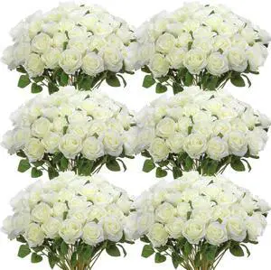 Jexine 50 Pcs Artificial Rose Flower Bulk Realistic Silk Fake Roses with Long Stem Plastic Artificial Flower Bouquet Real Looking for Home Wedding Centerpieces Party Decoration(White)
