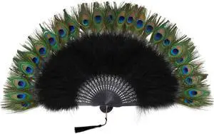 BABEYOND Roaring 20s Vintage Style Peacock & Black Marabou Feather Fan Flapper Accessories for Costume Halloween Dancing Party Tea Party Variety Show (Black-Black Rib)