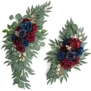 Udoula Artificial Navy Blue Wedding Arch Flower Swags Set of 2 for Wedding Welcome Signs Floral and Wedding Reception Ceremony Decorations, Burgundy Wedding Flowers Decor