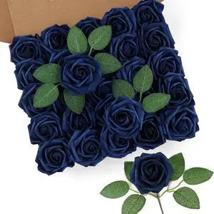 DuHouse 50Pcs Artificial Roses Flowers Fake Roses with Stems Real Touch Foam Flowers for DIY Wedding Bouquet Baby Shower Centerpiece Floral Arrangement Party Home Decor(Navy Blue)