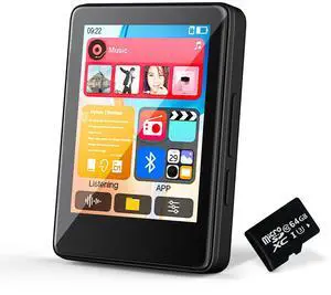 64GB MP3 Player with Bluetooth, Music Player with Built-in HD Speaker, MP3 Player for Kids, FM Radio, Voice Recorder, HiFi Sound, E-Book Function, Earphones Included