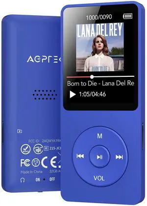 AGPTEK A02 MP3 Player with Bluetooth 5.3, 1.8 inch Screen Portable Music Player with Speaker, FM Radio, Voice Recorder, Supports Expanded Up to 128GB(Blue, 32GB)