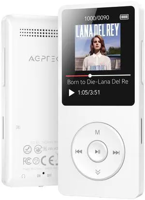 AGPTEK A02 MP3 Player with Bluetooth 5.3, 1.8 inch Screen Portable Music Player with Speaker, FM Radio, Voice Recorder, Supports Expanded Up to 128GB(White, 64GB)