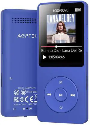 AGPTEK A02 MP3 Player with Bluetooth 5.3, 1.8 inch Screen Portable Music Player with Speaker, FM Radio, Voice Recorder, Supports Expanded Up to 128GB(Blue, 64GB)