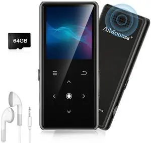 64GB MP3 Player with Bluetooth 5.2, AiMoonsa Music Player with Built-in HD Speaker, FM Radio, Voice Recorder, HiFi Sound, E-Book, Earphones Included