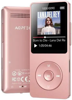 AGPTEK A02 MP3 Player with Bluetooth 5.3, 1.8 inch Screen Portable Music Player with Speaker, FM Radio, Voice Recorder, Supports Expanded Up to 128GB(Rose Gold, 64GB)