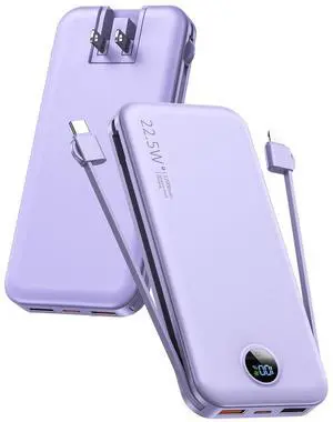 Portable Charger, 12000mAh 22.5W USB C Fast Charging Power Bank with Built-in Cables and AC Wall Plug, Smart LED Display Travel Essentials Battery Pack Compatible with iPhone, iPad, Samsung etc Purple