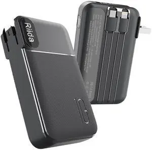 Portable Charger Built in Cables, AC Wall Plug In Portable Charger Power Bank 10000mAh Travel Battery Pack 22.5W Fast Charging for iPhone 16/15/14/13, Samsung Galaxy S24/S23/S22 Pixel LG iPad, Black