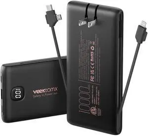 Portable Charger Power Bank Built in Cables and Wall Plug, 10000mAh iPhone Battery Pack Fast Charging, USB C External Slim Power Bank, Travel Essentials Compatible with iPhone 17 16 15 14 iPad, Black