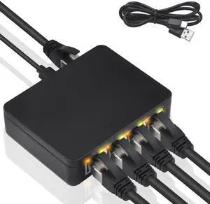 Poyiccot RJ45 Ethernet Splitter 1000mbps, High Speed Ethernet Splitter 1 to 4, Gigabit RJ45 Network Adapter with USB Power Cable for Cat5, Cat6, Cat7 [4 Devices Simultaneous Networking]