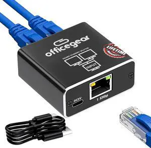 officegear Ethernet Splitter: 1 to 2 High Speed 1000Mbps, Gigabit LAN with USB-C Power Cable, RJ45 Splitter for Cat5/5e/6/7/8 Cable  Simultaneous Networking for 2 Devices -Lifetime Operation