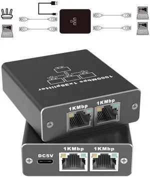 FSKY Gigabit Ethernet Splitter 1 to 3, Aluminium LAN Splitter 1000Mbps RJ45 Ethernet Switch Network Splitter with USB C Power Cable for Cat5/5e/6/7/8