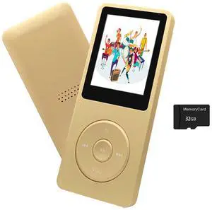 MP3 Player 32GB with Speaker Earphone Portable Mini Golden Music Player Support Voice Recorder E-Book 1.8 inch HD Screen Support up to 128GB