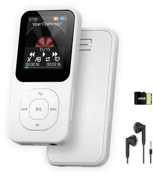 Retro-Style MP3 Player with Bluetooth 5.3, 64 GB Mini Music Player for Sports with Built-in Speaker, Voice Recorder, Works Offline, 30H Longer Battery Life, Quick Transmission, Timer Off (White)