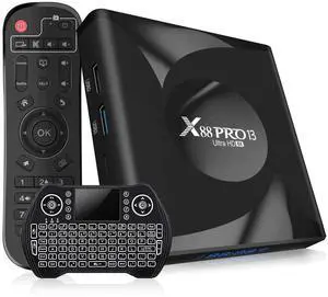 Android TV Box 13.0-4GB RAM 64GB ROM Quad-Core 64bit Smart TV Box with WiFi6 2.4G 5G and Bluetooth 5.0 - Android Box Supports 3D 8K H.265 Videos - Wireless Keyboard Included