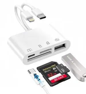 USB C & Lightning to SD Card Reader for iPhone/iPad/Android, 4-in-1 Memory Card Adapter with USB Female OTG Port Supports SD/MicroSD Cards Camera Adapter Portable Design & Fast Charging Function