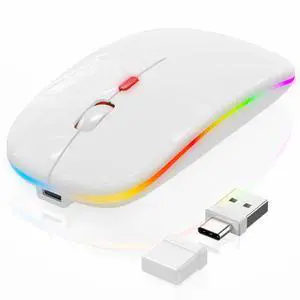 FYBC LED Bluetooth Wireless Mouse for MacBook Air Mac Pro iPad PC Laptop, Rechargeable Silent Light-Up Computer Mice with Jiggler Mode, Dual Mode BT5.2 & USB-A/USB-C Connection Portable White Mouse