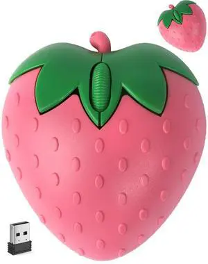 Wireless Bluetooth Mouse Cute Pink Fruit Strawberry Shape Silent Portable Lightweight USB Optical Cordless Dual Mode Mice for PC Laptop Computer Tablet Mac MacBook Pro Desktop Kids Girls Women Gift