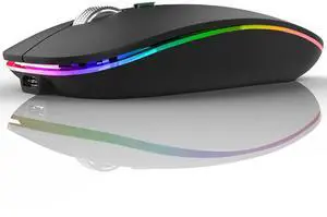 TENMOS Wireless Bluetooth Mouse, LED Slim (Bluetooth 5.1/5.0 + USB) 2.4GHz Rechargeable Silent Bluetooth Wireless Mouse with Type C Adapter for Laptop/MacBook/iPad OS 13 and Above (Matte Black)