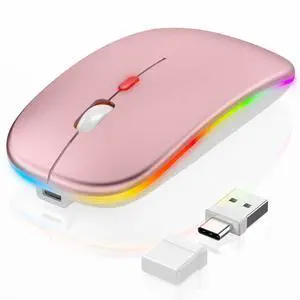 FYBC Mouse for MacBook - LED Wireless Bluetooth Laptop Mouse for MacBook Air Mac Pro iPad PC, Silent Rechargeable Optical Mice with Jiggler, 2 Mode BT 5.2 & 2.4G USB-A/Type-C Receiver - Rose Gold