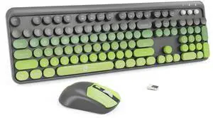 FOPETT Wireless Keyboard and Mouse Combo - 2.4G Full-Sized Cute Colorful Mouse and Keyboard with 104 Round Keys Retro Typewriter Keyboard for Laptop/Windows/PC - Green Gradient