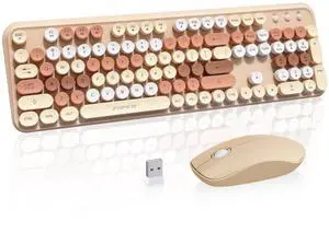 FOPETT 2.4GHz Wireless Keyboard and Mouse Set with Switch Button - Full-Size Keyboard - Compatible for Windows/Laptop/PC/Notebook/Smart TV and More - Milk Tea Colorful