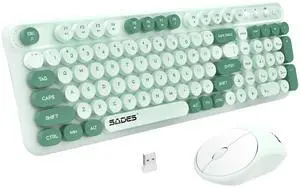 Wireless Keyboard and Mouse,Cute Retro Typewriter Computer Keyboard and Mouse Sets,Full Size 2.4G Cordless Colorful Round Keycaps Keyboard with Silent Mouse for PC Windows Laptop Office-Multi Green