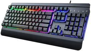 RisoPhy Gaming Keyboard, 104 Keys All-Metal Panel, Rainbow LED Backlit Silent Computer Keyboard, Wrist Rest, Multimedia Keys, Anti-Ghosting, Waterproof Light Up Wired Keyboard for PC Mac Gamer