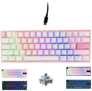 Portable 60% Mechanical Gaming Keyboard LED Backlit Compact 61 Keys Mini Wired Office Keyboard with Blue Switch PBT Keycaps for Windows Laptop PC Mac.White/Pink