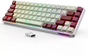 GEODMAER 65% Wireless Gaming Keyboard: LED Backlit, 68 Keys, Ultra-Compact, Anti-ghosting, No-Conflict Wireless Keyboard for PC Laptop Windows Gamer(White-Red)