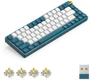 ROYALAXE R68 60% Wireless Mechanical Keyboard, 2.4GHz/Type-C/BT5.0, Hot Swappable Custom, Pre-lubed Yellow Switches RGB Gaming Keyboard, White & Blue