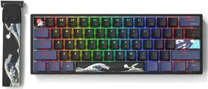 COSTOM WK61 PRO 60% Percent Keyboard with QMK, Black Kanagawa Wired Mechanical Gaming Keyboard with Strap RGB Backlit, Anime Pudding PBT Keycaps, Hot Swappable POM Linear Red Switch