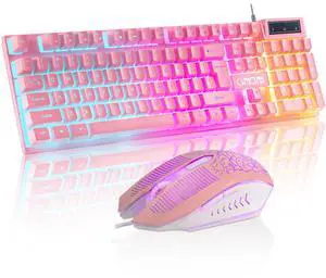 CHONCHOW Pink Gaming Keyboard and Mouse Combo with led, 104 Keys Wired Light Up Keyboard and Colorful Mouse for PC Laptop Computer PS4 Xbox, 19 Keys Anti-Ghosting, Multimedia Keys, Number Pad