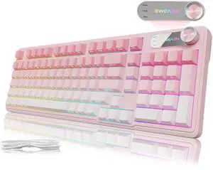 EWEADN V102 Wired Keyboard, 98 Keys Creamy Gaming Keyboard with Number Pad, Display Screen & Media Knob RGB Silent Wired Cute Computer Keyboard for Laptop PC Gamer - Gradient Pink
