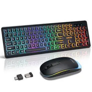 Wireless Keyboard and Mouse Combo, Rechargeable Rainbow LED Light Up Wireless Keyboard and Mouse 2.4GHz Quiet Mouse and Keyboard for Mac, Windows, Laptop, PC Xbox PS4 PS5 (Office/Gaming)