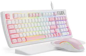 SABLUTE Wired Gaming Keyboard and Mouse, RGB Backlit Mechanical Feel Keyboard and Mouse, Multimedia Knob & Anti-Ghosting Ergonomic Premium Leather Wrist Rest for Game (Pink)