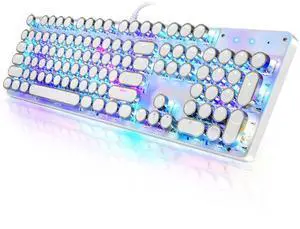 YSCP Typewriter Style Mechanical Gaming Keyboard RGB Backlit Wired with Blue Switch Retro Round Keycap 104 Keys Keyboard (White 104 Keys RGB)