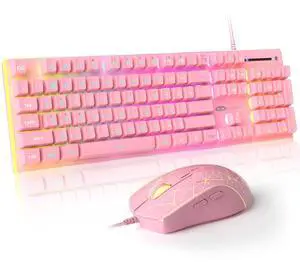 MageGee GT838 Gaming Keyboard and Mouse Combo, 104 Keys RGB Backlit Quiet Wired Keyboards for Laptop PC MAC, with Number Pad, Metal Panel, Anti-Ghosting, Pink