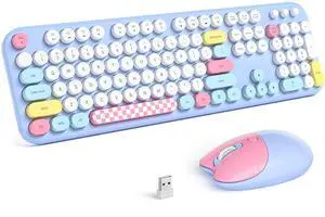 Retro Wireless Keyboard and Mouse Combo, SQMD Full-Size Office Typewriter Keyboard with Round Colorful Keycaps, 2.4G Cute Quiet Mouse for Windows PC, Home, Office, and College - Blue
