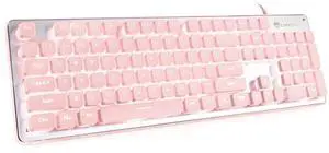 LANGTU Computer Keyboard, Backlit LED Pink for Office, All-Metal Panel USB Wired Membrane, 25 Keys Anti-ghosting, 104 Keys Laptop Compatible