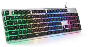 LANGTU Membrane Gaming Keyboard, Colorful LED Backlit Quiet Keyboard for Study, All-Metal Panel USB Wired 25 Keys Anti-ghosting Computer Keyboard 104 Keys - L1 Black/Silver