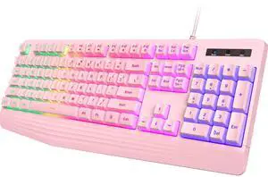 yesbeaut Pink Creamy Keyboard, Rainbow LED Backlit, 104 Keys Silent Light Up Gaming Keyboard with Wrist Rest, PBT Keycap, Anti-ghosting, Waterproof USB Wired Computer Keyboard for PC Mac Xbox