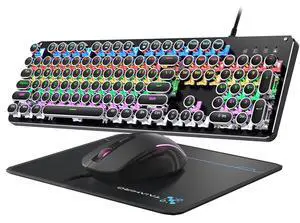 Typewriter Mechanical Gaming Keyboard and Mouse, 104-Key Full Size Retro Keyboards Metal Panel Punk Round Keycap Clicky Blue Switch with RGB Backlit Mouse and Pad Combo for PC Laptop Mac Gamer, Black