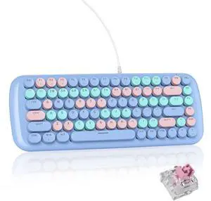 iRoboosta Blue Colorful Mechanical Gaming Keyboard, Aesthetic Keyboard w/White Backlit, 84 Keys Cute Retro Typewriter Computer Keyboard Wired w/Pink Switch, Round Keycap for Windows/PC/PS5 (Blue)